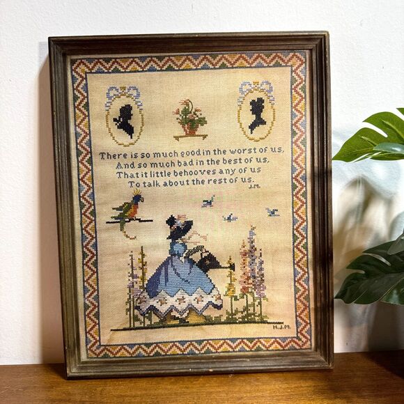 Framed Cross Stitch Print Colonial Flowers Good in the Worst of Us 10.5 x 13" - Picture 1 of 7